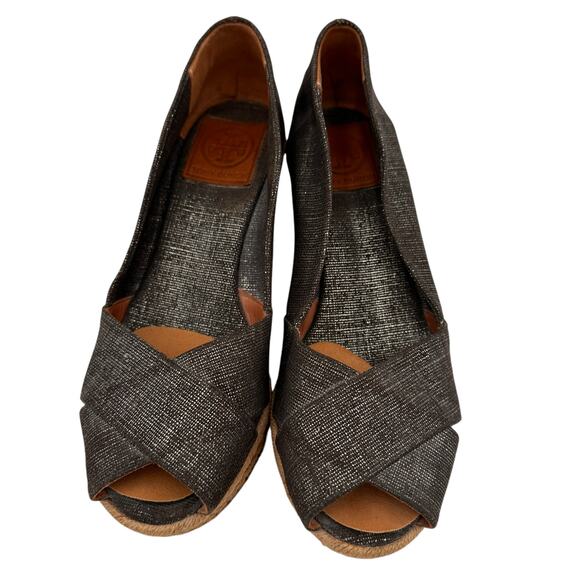 Tory Burch Metallic Filipa Canvas Espadrille Wedges Heels Size 7.5 - Picture 4 of 11